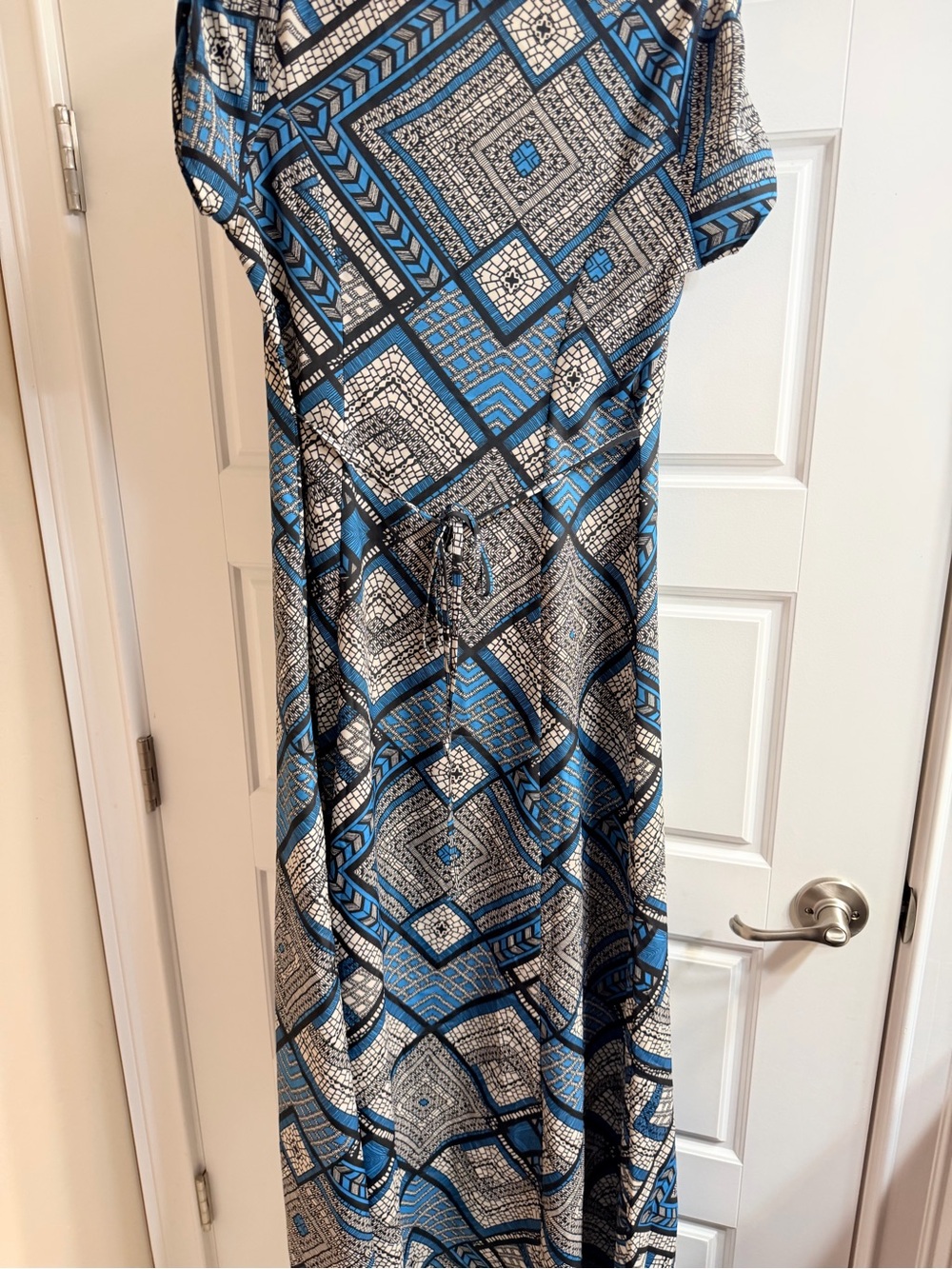Blue Geometric Maxi Dress with Tie Waist